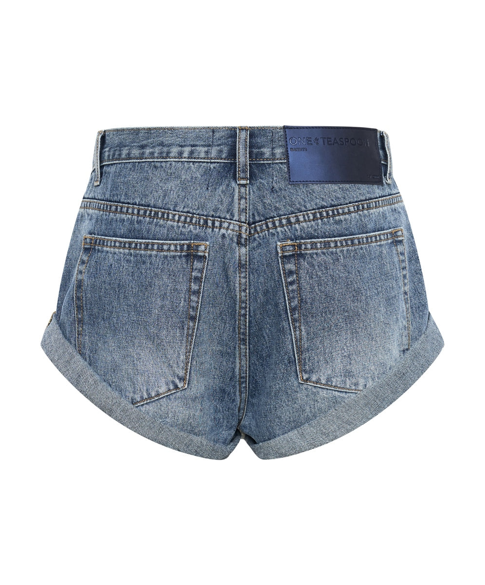 Westland Blue Motif Bandit Low Waist Denim Shorts - One Teaspoon