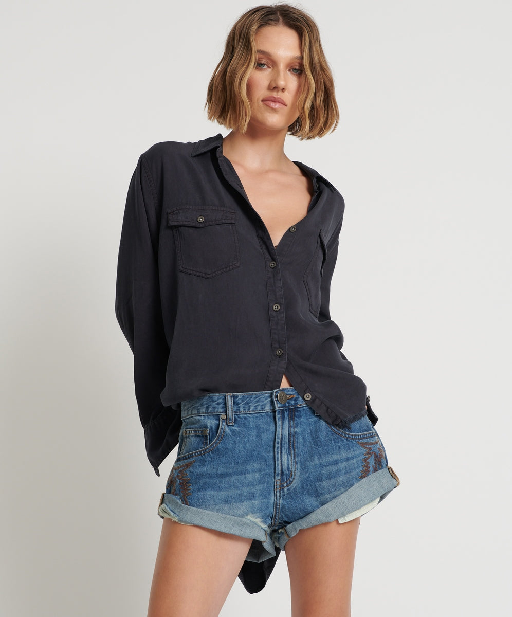 Westland Blue Motif Bandit Low Waist Denim Shorts - One Teaspoon