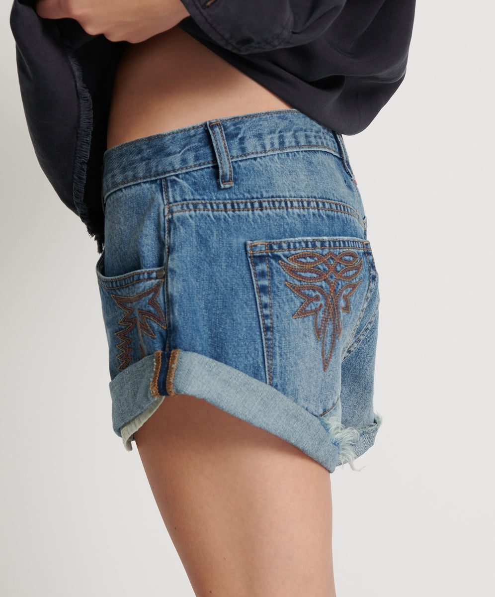 Westland Blue Motif Bandit Low Waist Denim Shorts - One Teaspoon