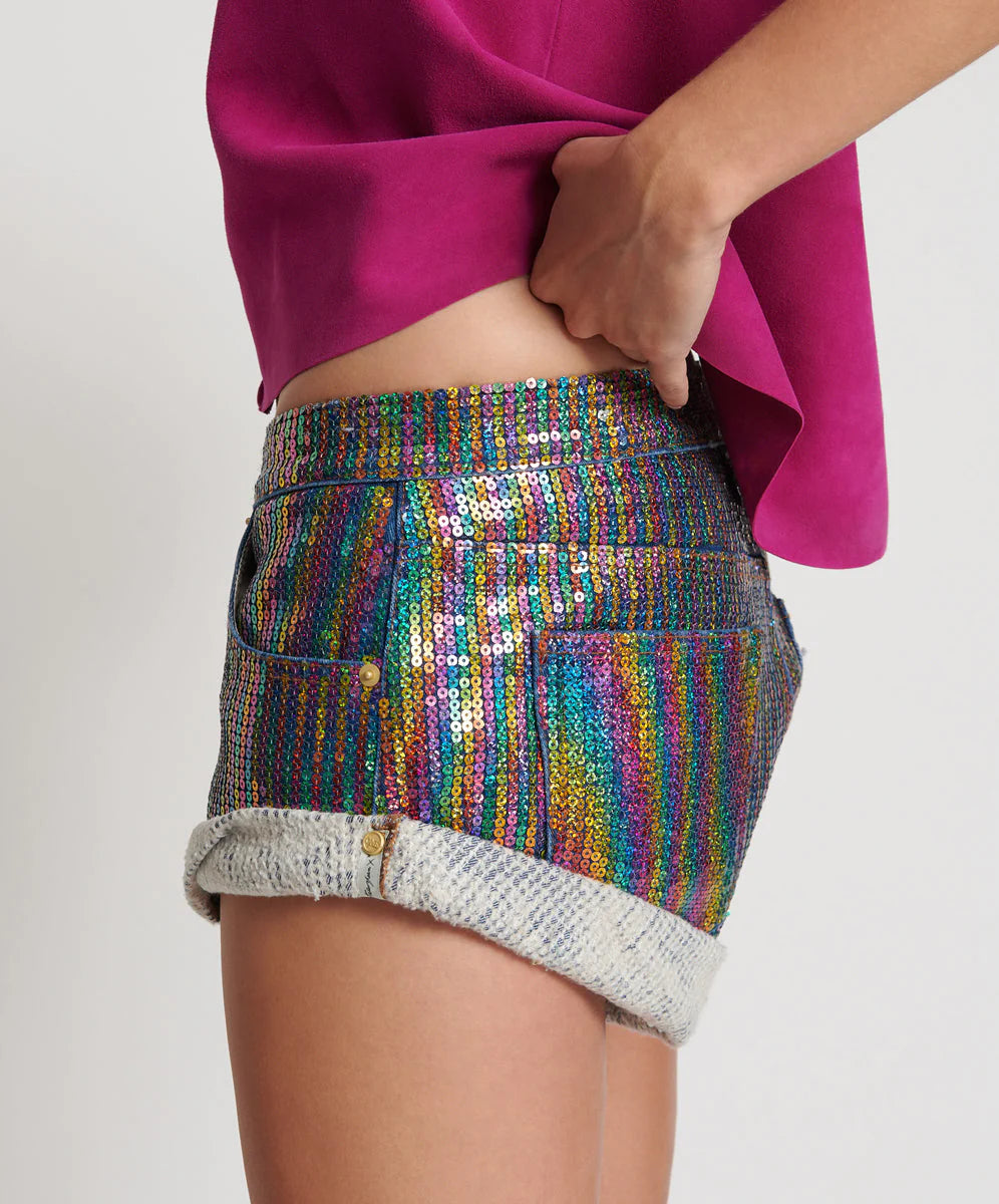 Rainbow Sequin Low Waist Bandit Denim Short - ONE TEASPOON