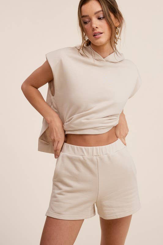 Athleisure Padded Shoulder Hoodie Top & Shorts Matching Set