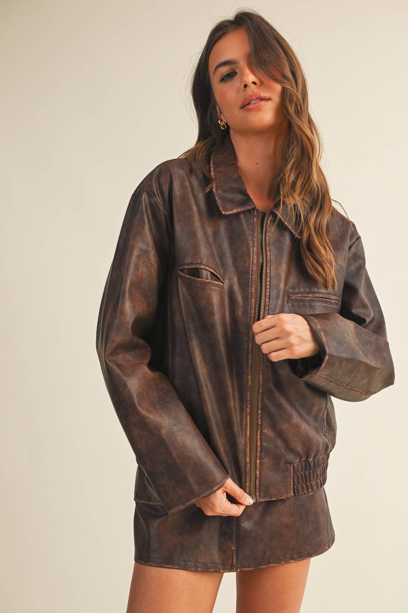 WASHED LEATHER ZIP UP JACKET