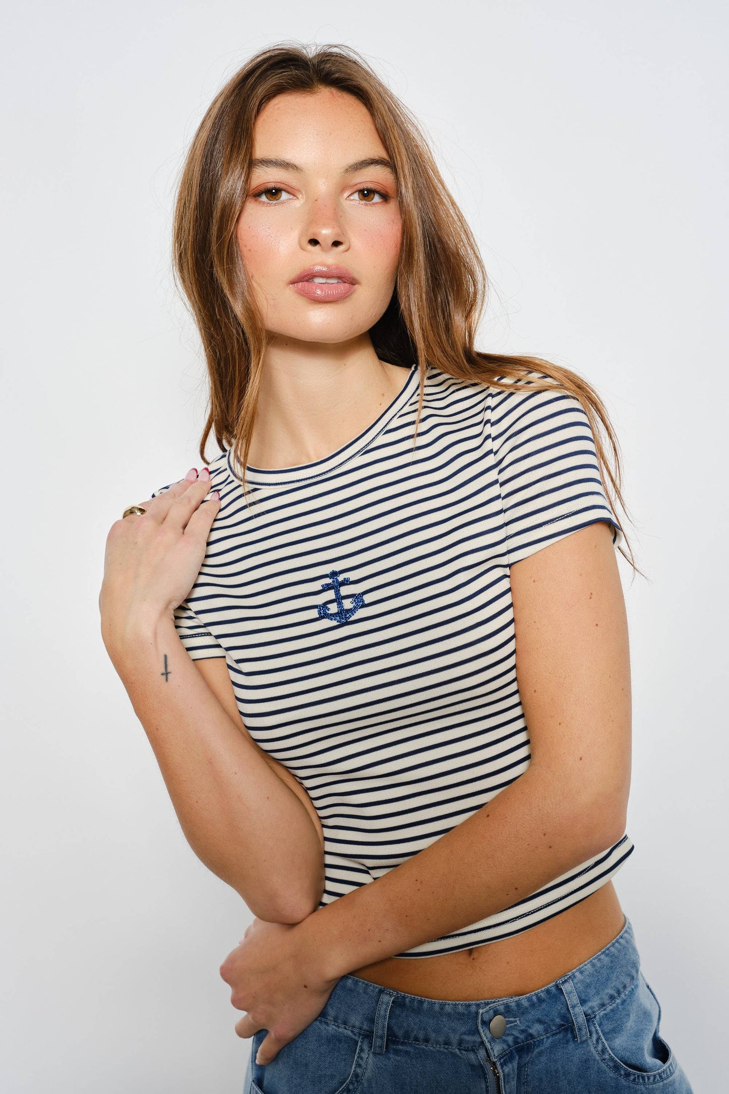 PAMELA STRIPED ANCHOR BEADED TEE