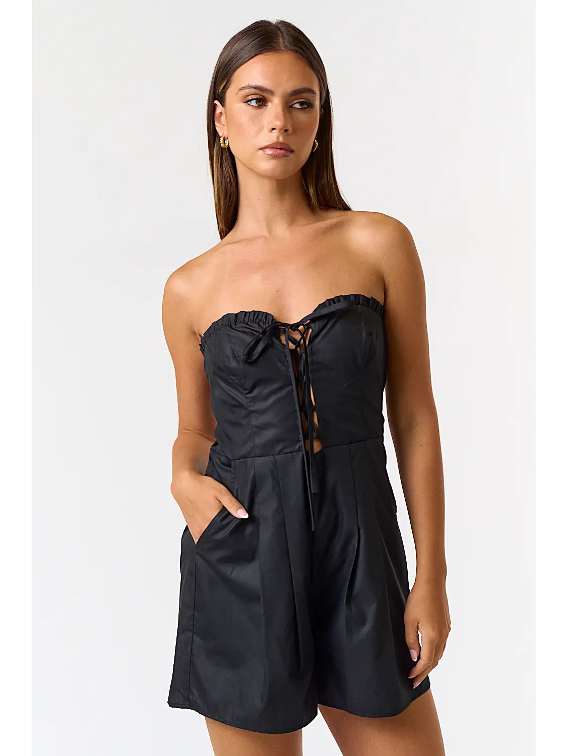 Lace Up Front Pleated Tube Romper Black – My Tribe Boutique