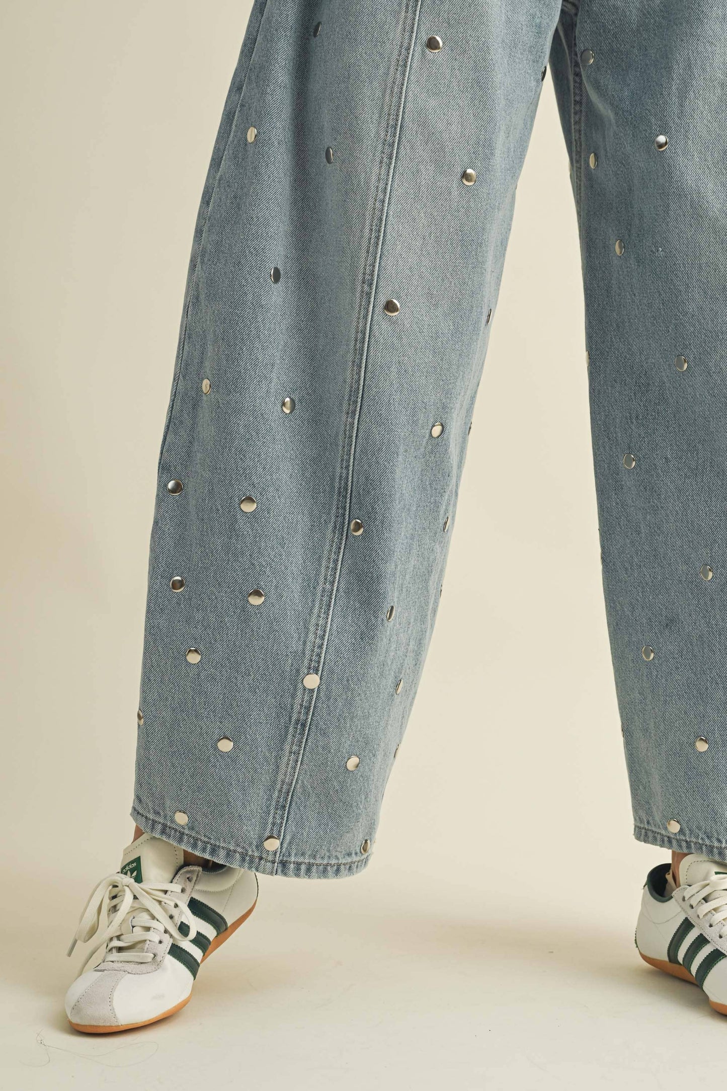 STUDDED BARREL DENIM PANTS