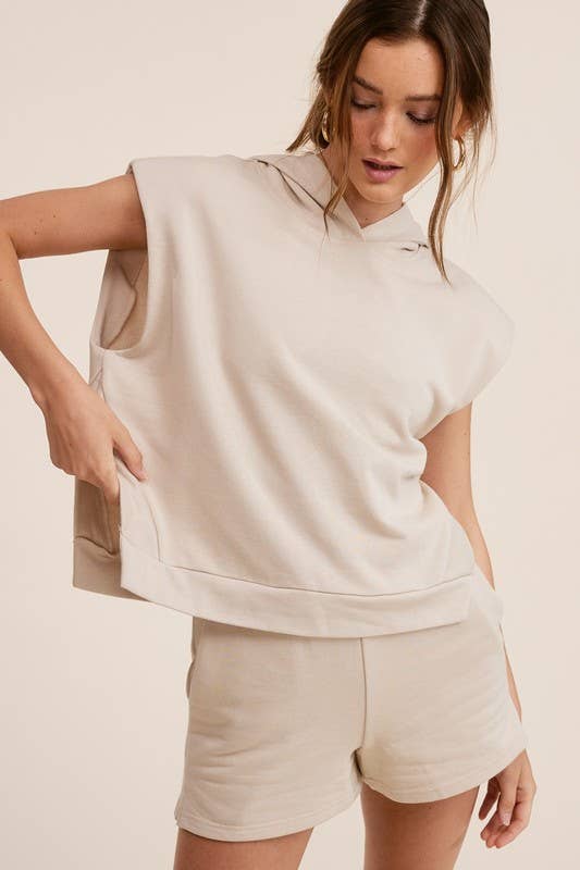 Athleisure Padded Shoulder Hoodie Top & Shorts Matching Set