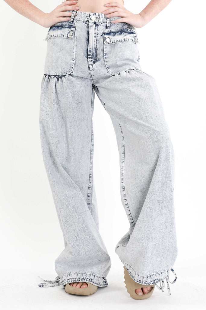 Big Pockets Tie Hem Wide Leg Denim Pants - RV