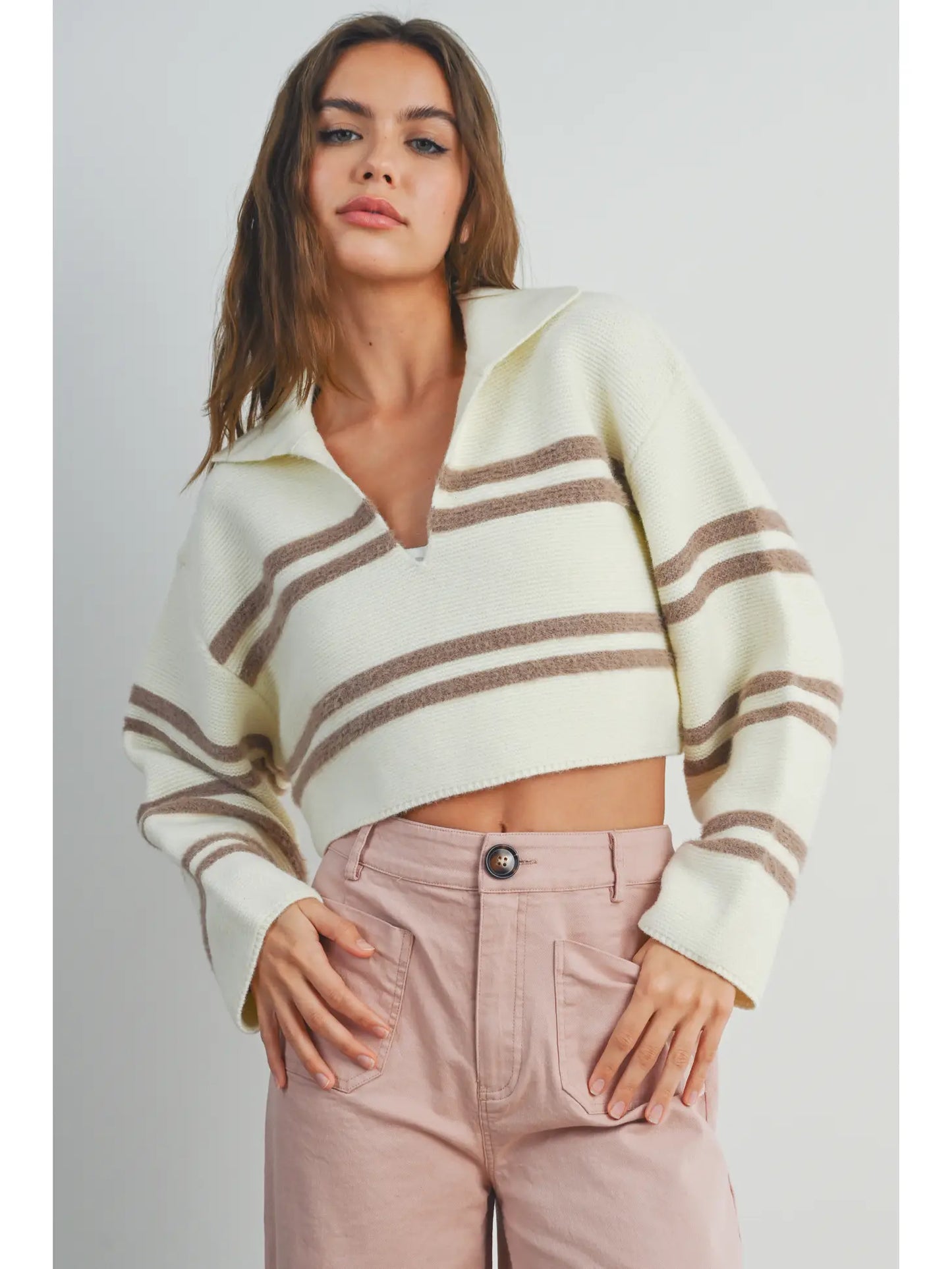 Stripe Crop Collar Sweater Top