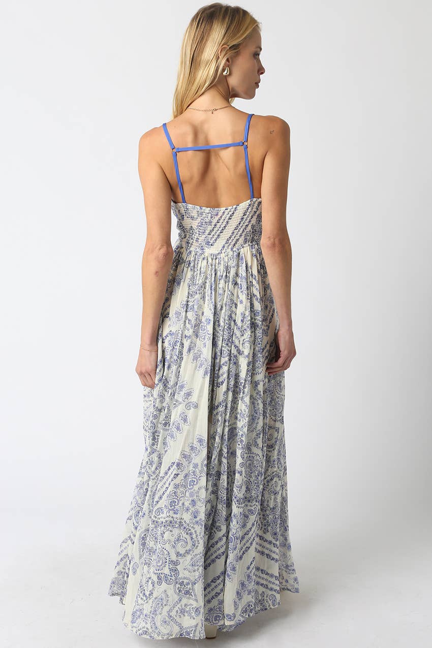 Brynn Blue Trim Printed Maxi Dress