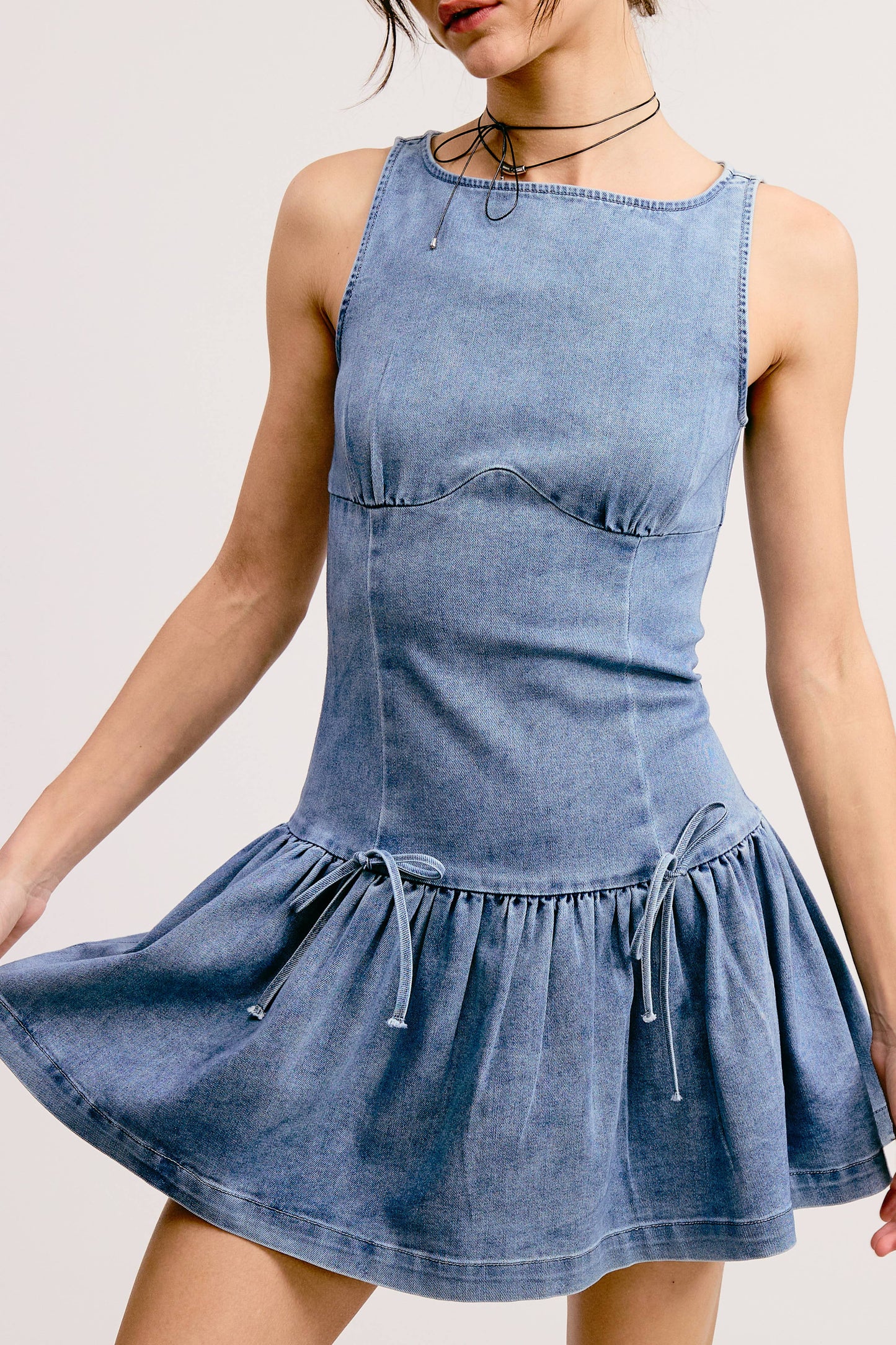 Bow Detail Fit & Flare Denim Wash Sleeveless Mini Dress