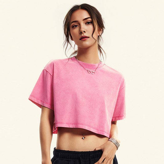 Women Fashion Casual Solid Color Short-Sleeve Loose Crop Top