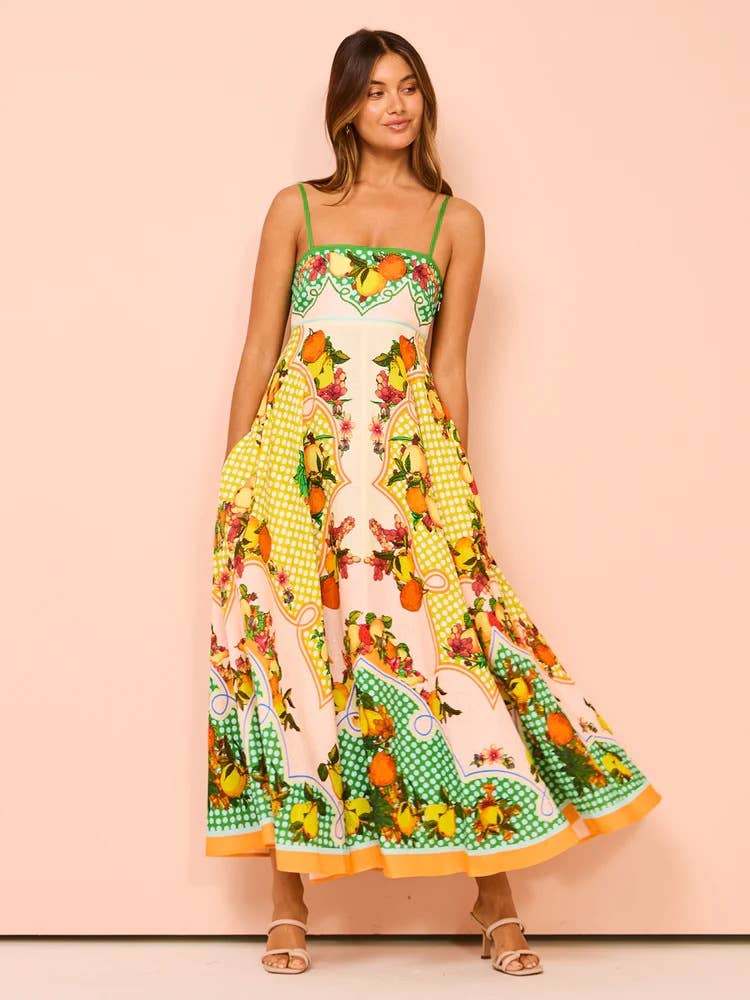 Suspender Maxi Dress Beach Print