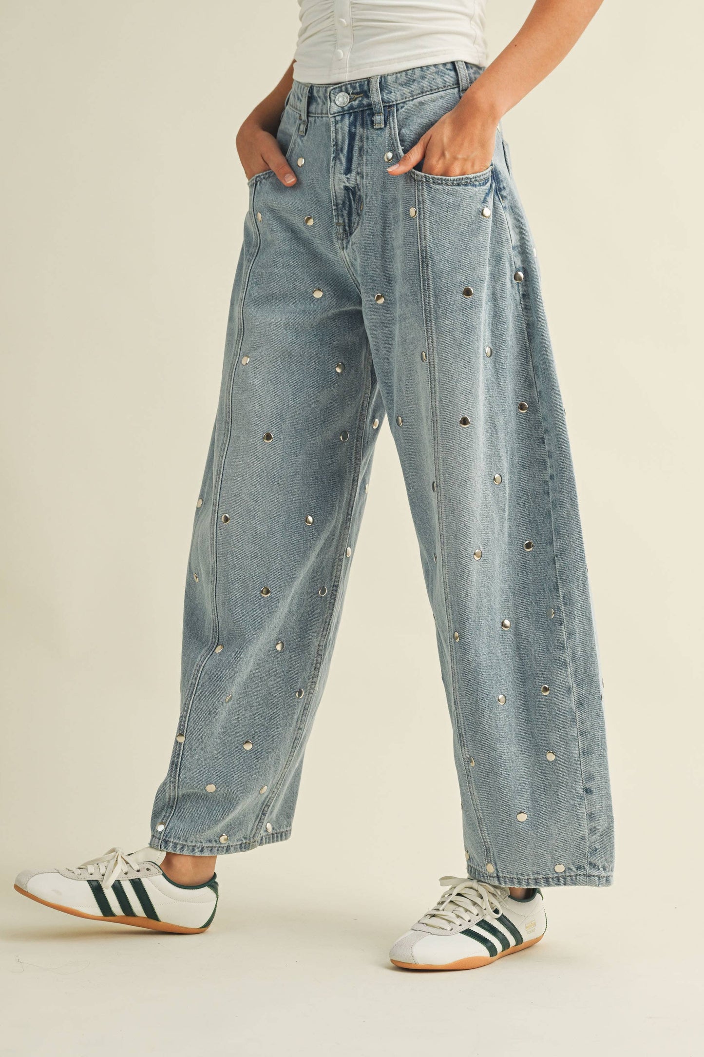 STUDDED BARREL DENIM PANTS