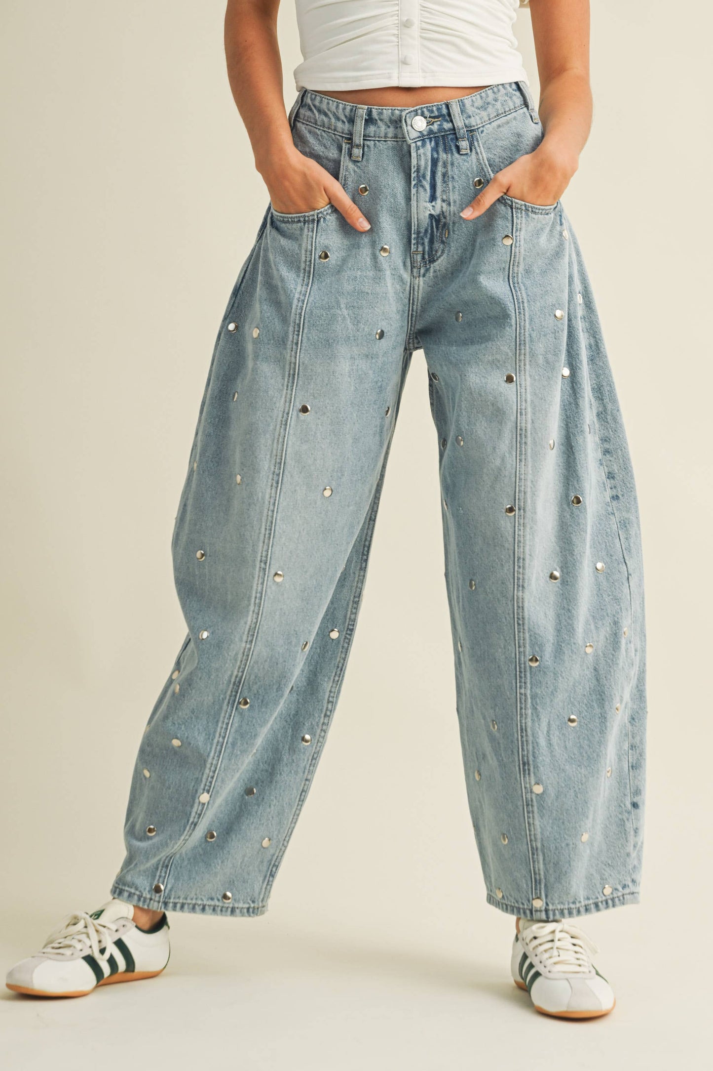 STUDDED BARREL DENIM PANTS