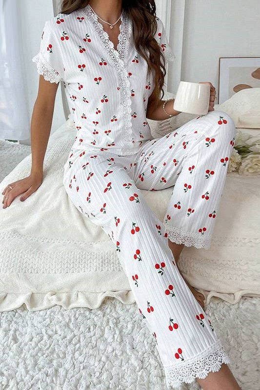 Lace Trim Red Cherry Print Pajama