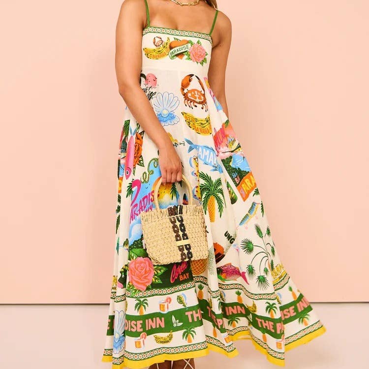 Suspender Maxi Dress Beach Print