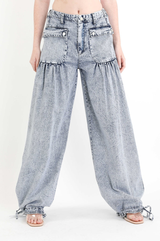 Big Pockets Tie Hem Wide Leg Denim Pants - RV