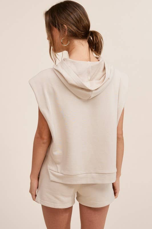 Athleisure Padded Shoulder Hoodie Top & Shorts Matching Set