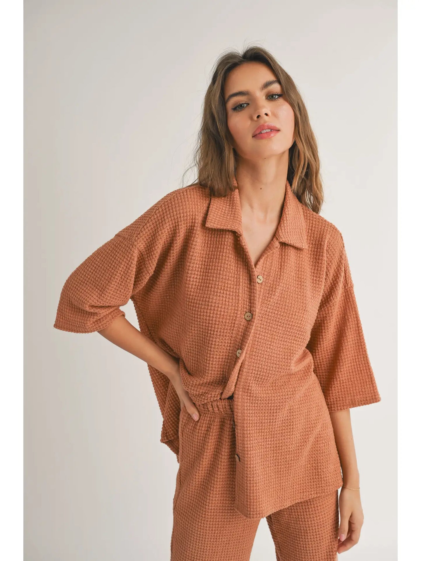 Waffled Fabric Buttondown Knitted Shirts