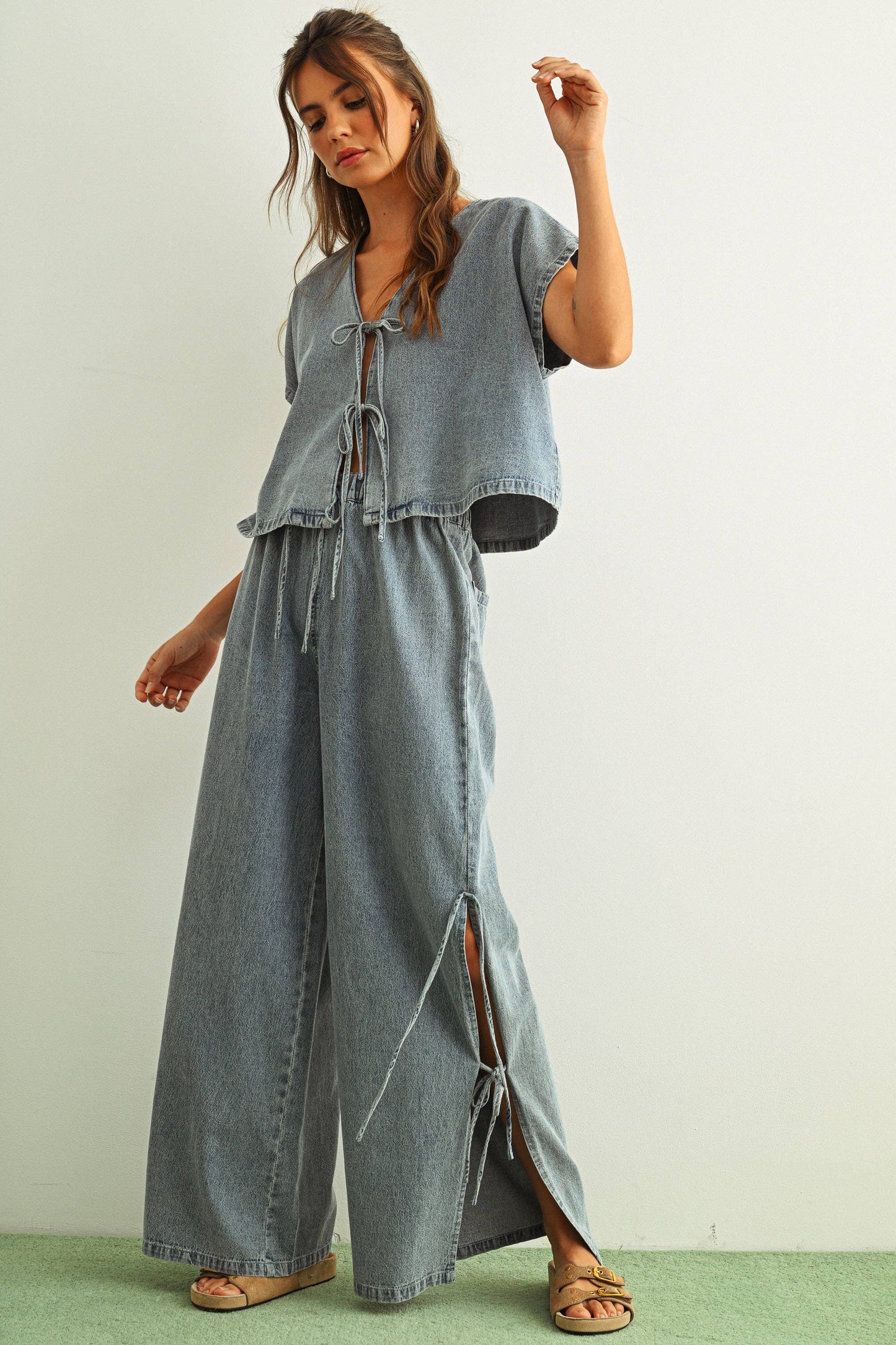 Washed Denim Tie-Front Cropped Blouse