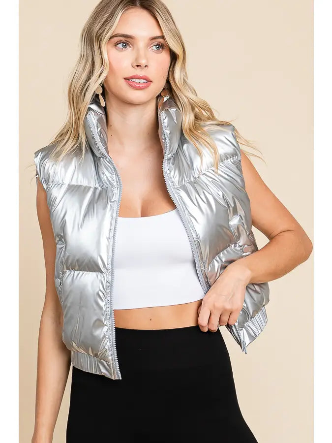 Silver Cropped Puffer Jacket