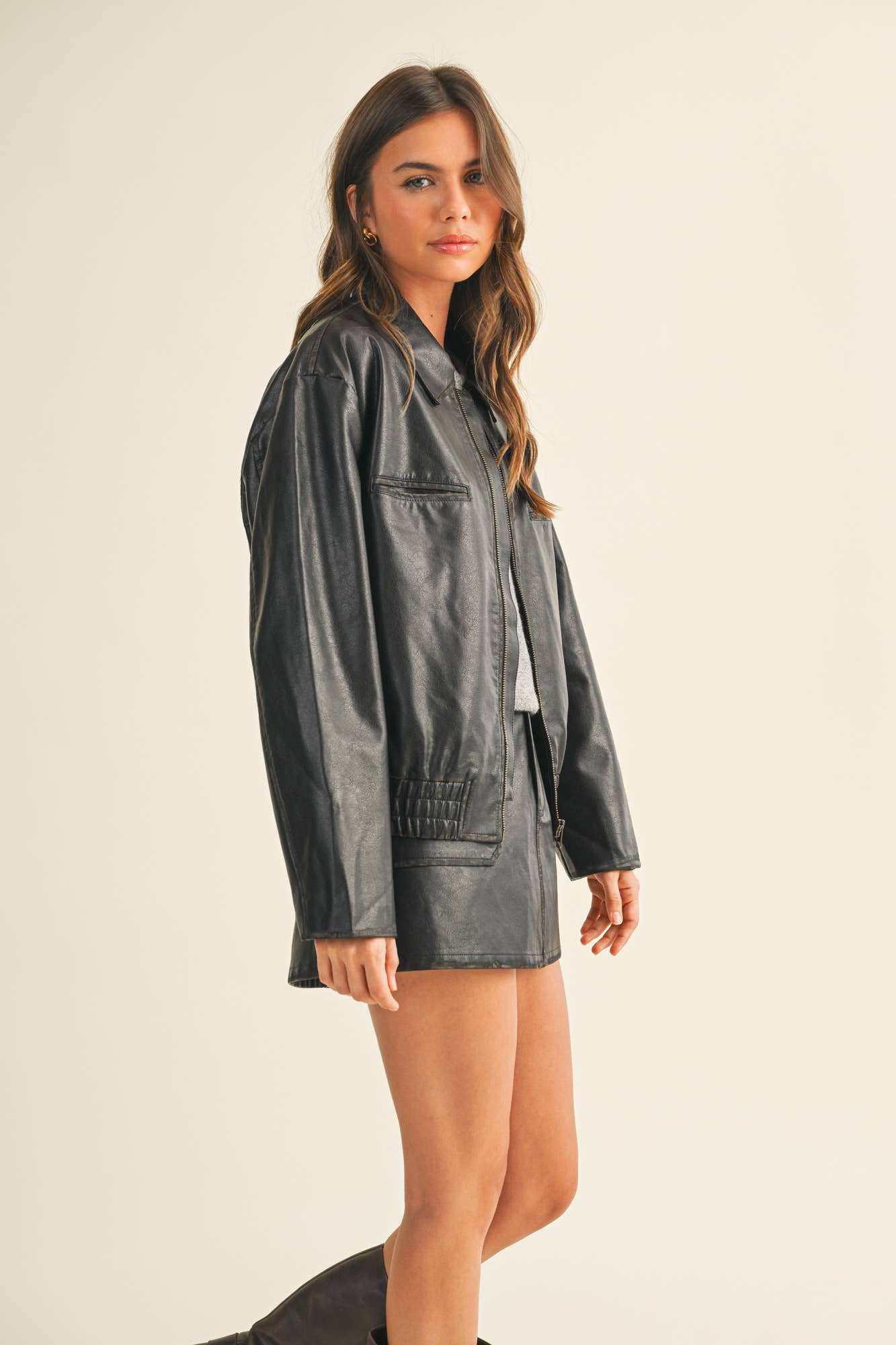 WASHED LEATHER ZIP UP JACKET