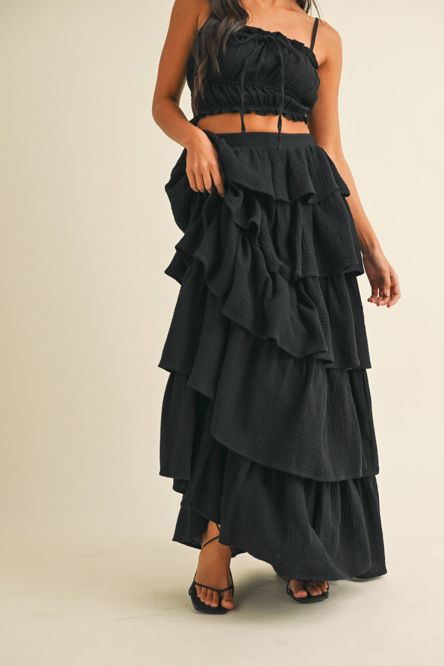 Black Gauze Ruffled Crop Top