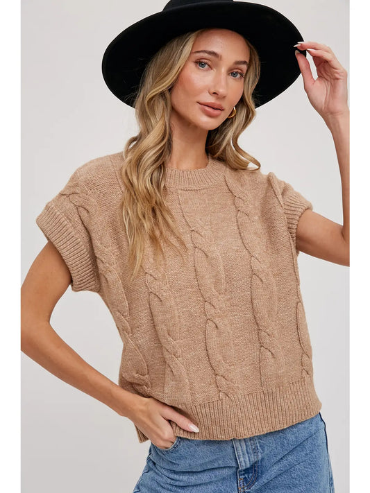 Latte Cable Knit Short Sleeve Sweater