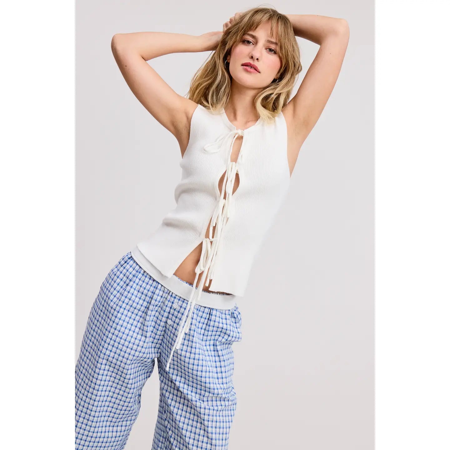 Ribbed Knit Open-Front Tank Top with Ribbon Ties
