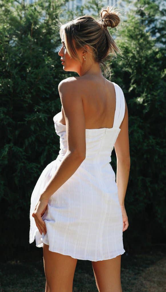 White One Shoulder Wrinkle Mini Dress