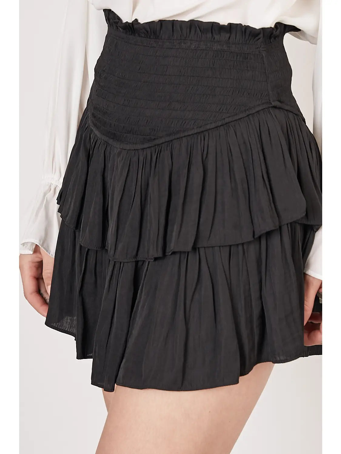 Black Smocked Ruffle Skirt With Shorts - MS