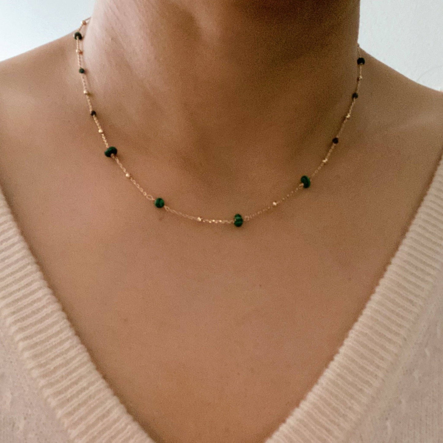 Dainty Precious Stone Bead Necklace: Green Stone
