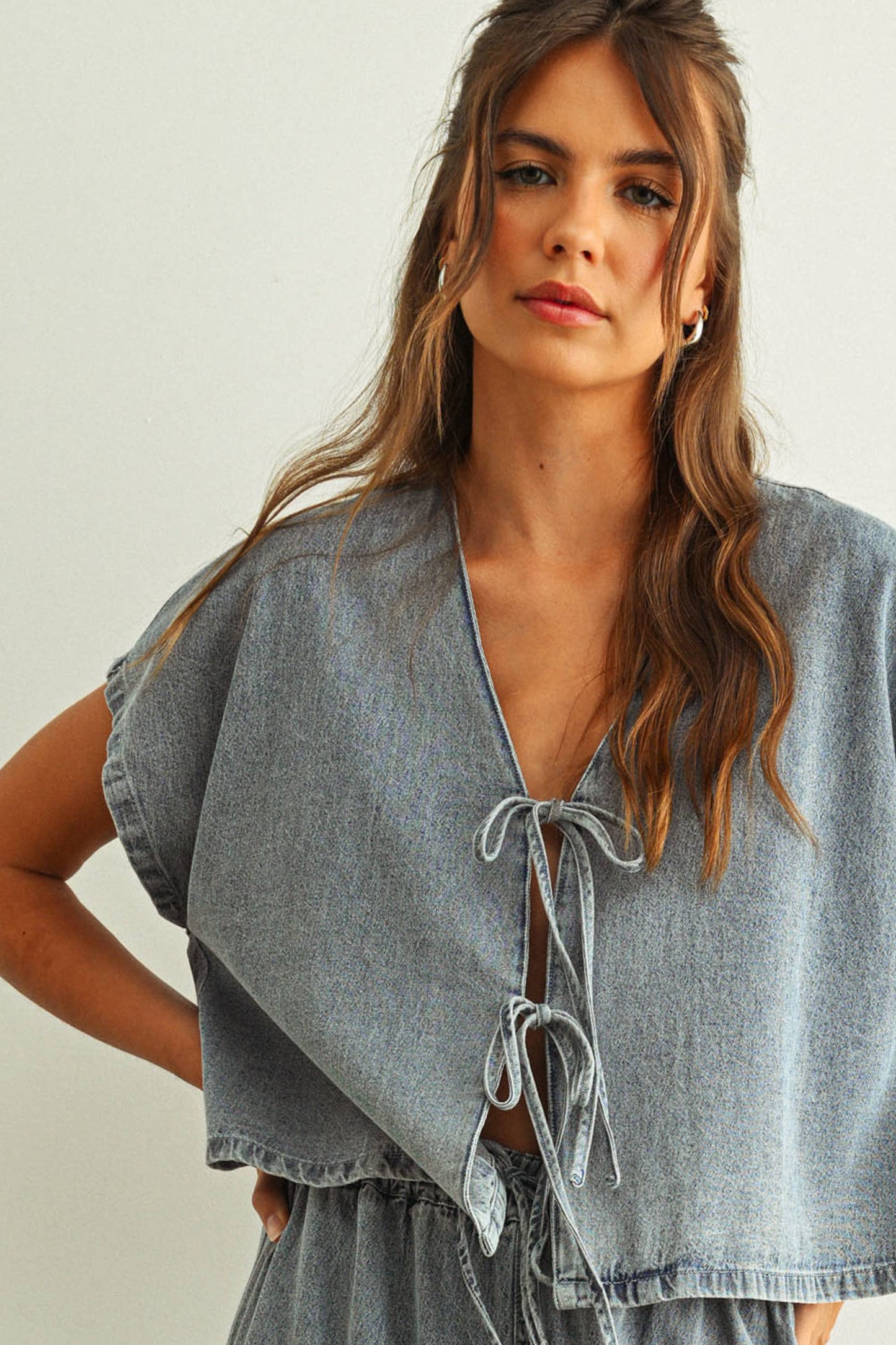 Washed Denim Tie-Front Cropped Blouse