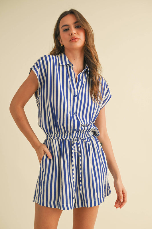 Striped Short Sleeve Button Down Romper