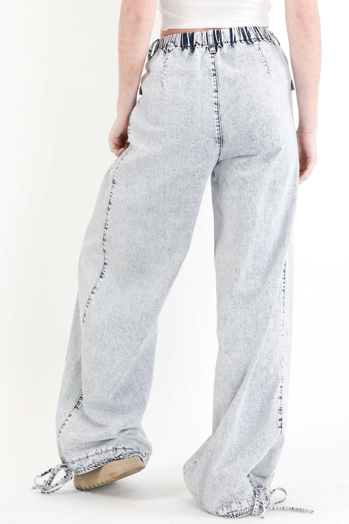 Big Pockets Tie Hem Wide Leg Denim Pants - RV