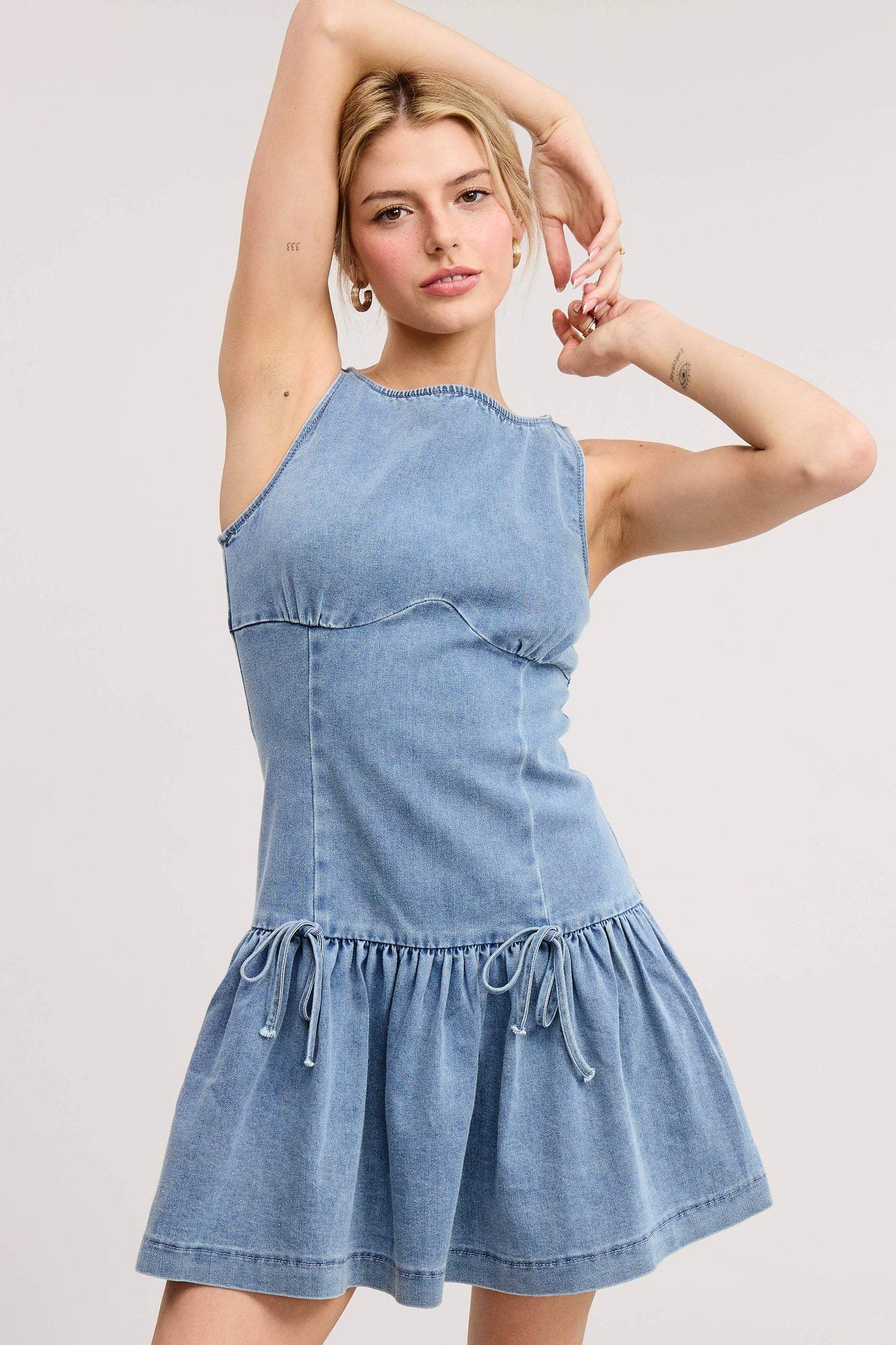 Bow Detail Fit & Flare Denim Wash Sleeveless Mini Dress