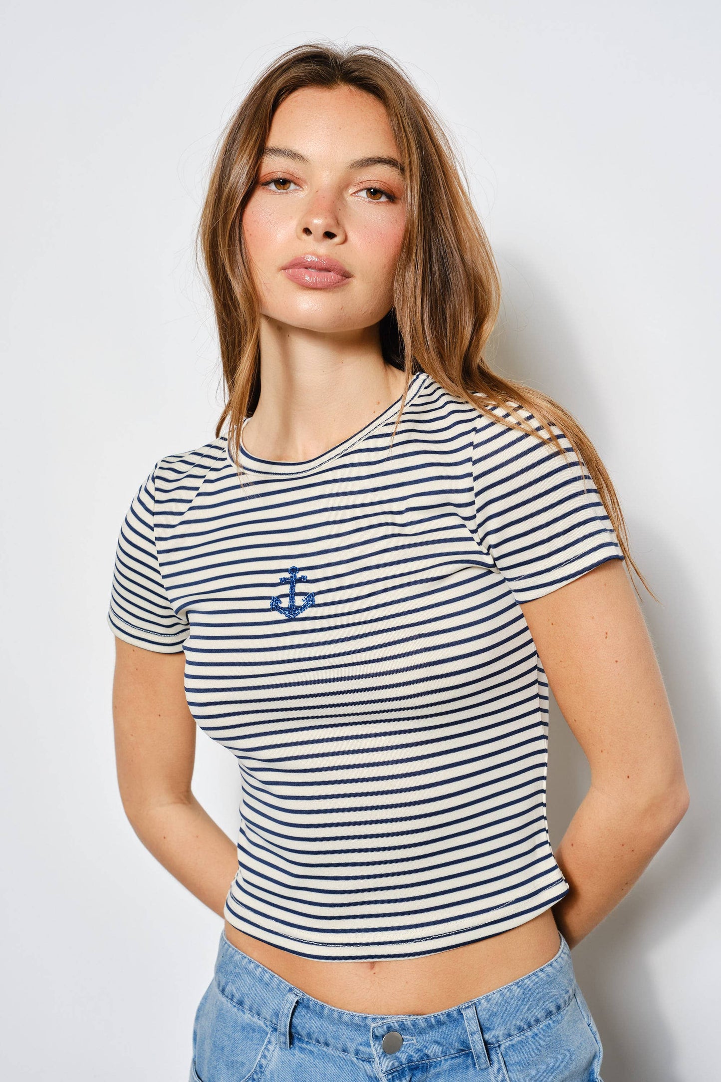 PAMELA STRIPED ANCHOR BEADED TEE