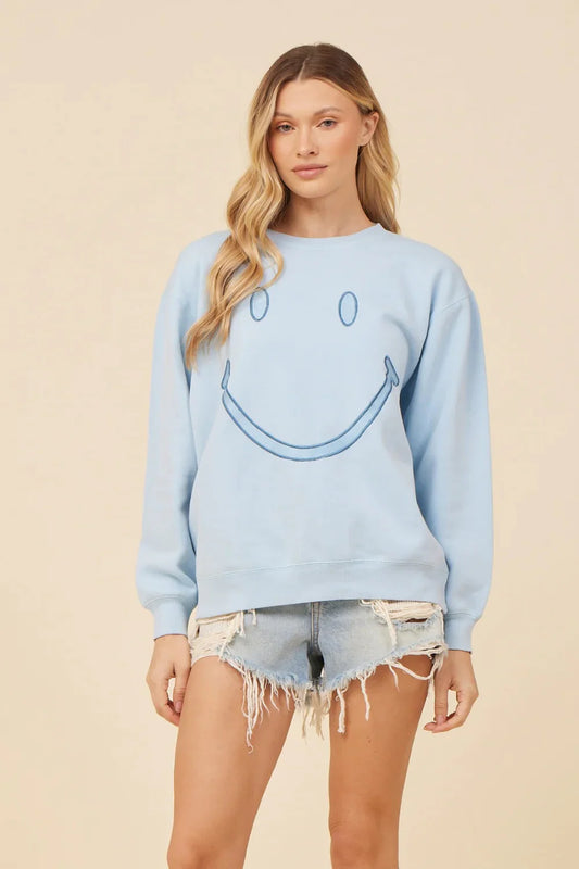 Tropical Blue Crewneck W/ Smiley Face Embroidery (Tweens) VH