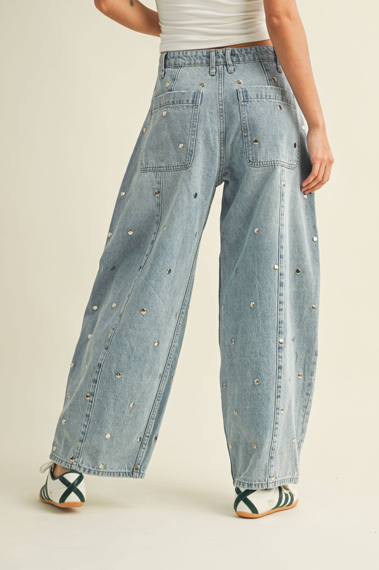 STUDDED BARREL DENIM PANTS
