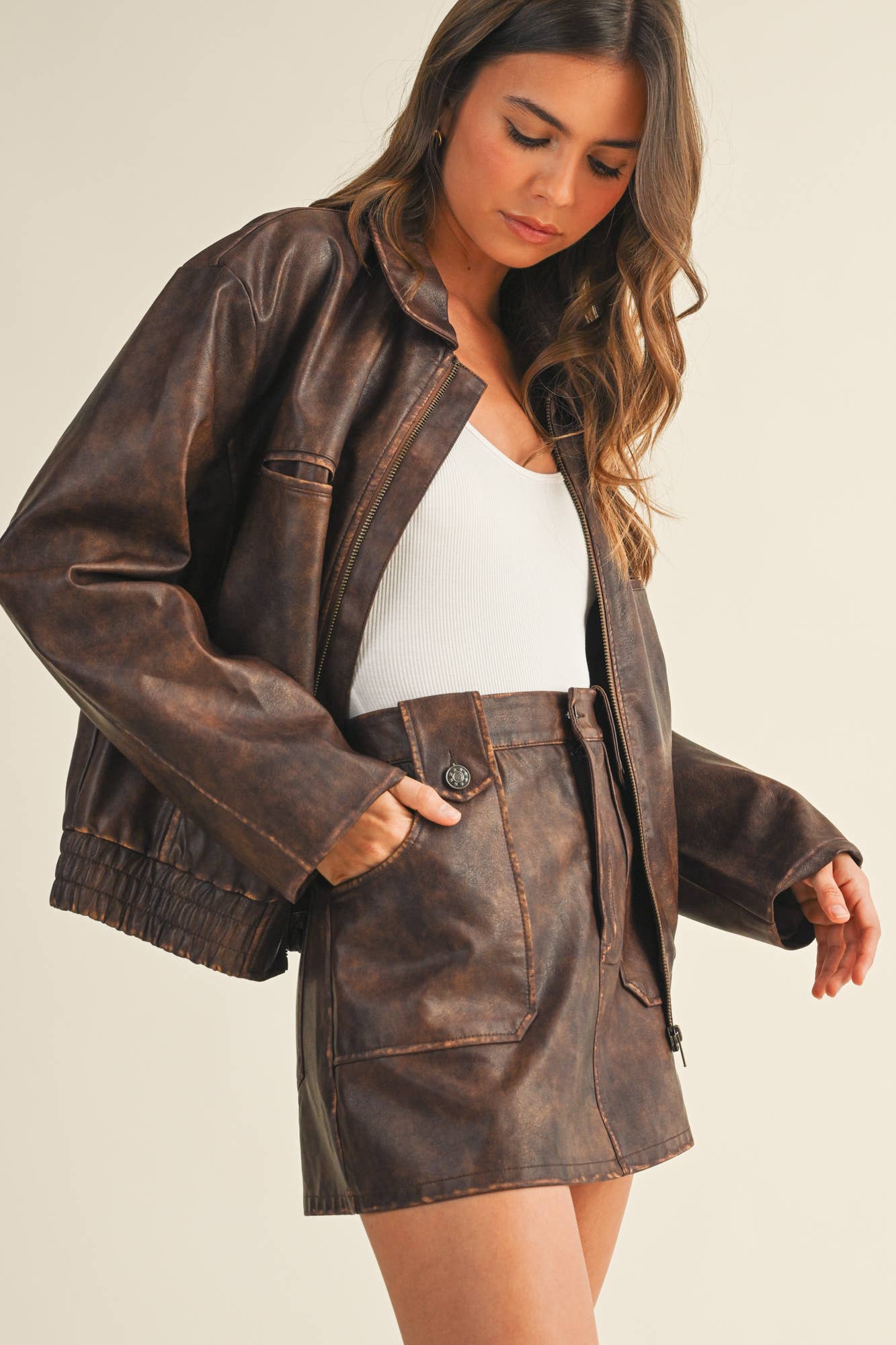 WASHED LEATHER ZIP UP JACKET