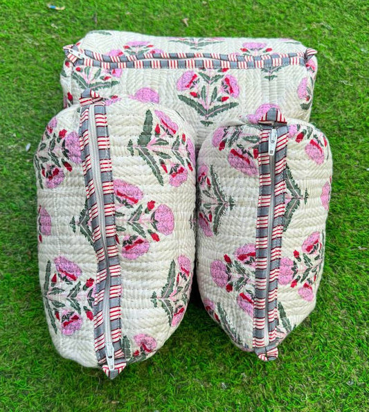 White Cotton Quilted Bag Floral Printed Pouches Toiletry Bag