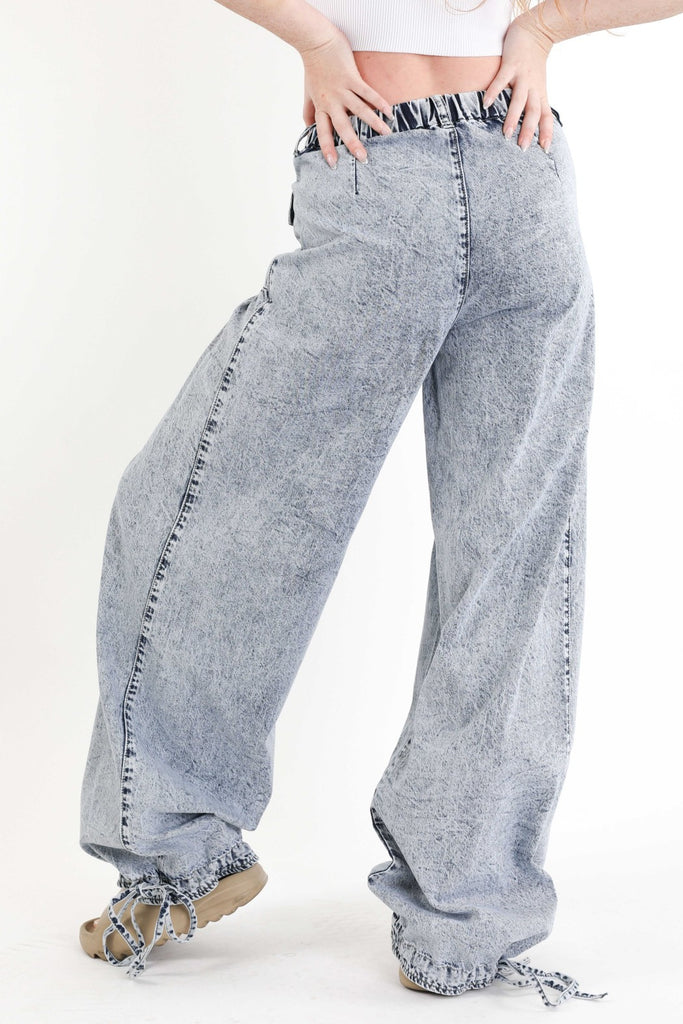 Big Pockets Tie Hem Wide Leg Denim Pants - RV