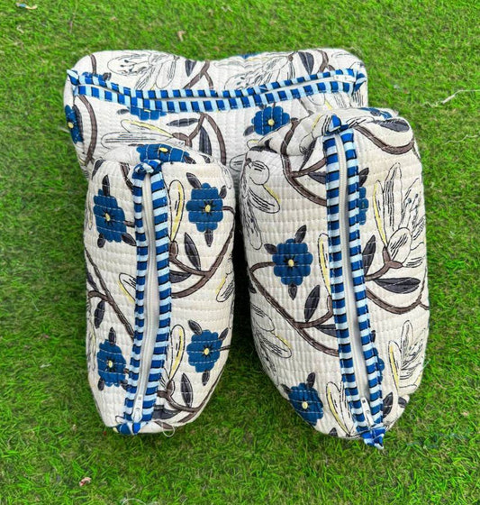 Blue Floral Print Hand-Printed Quilted Toiletry Bag