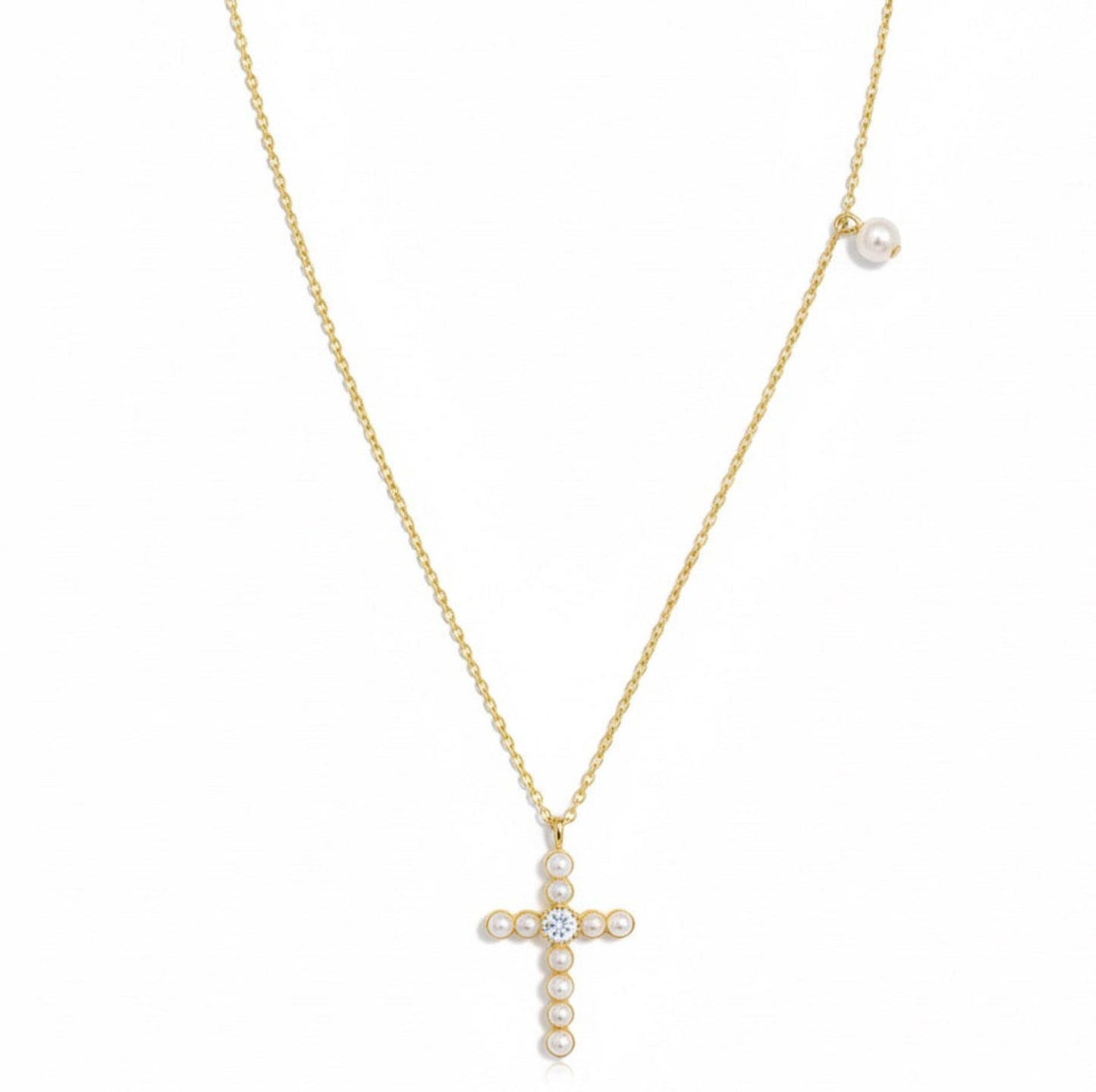 Graceful Radiance Pearl Cross Necklace – Classic 24" Chain