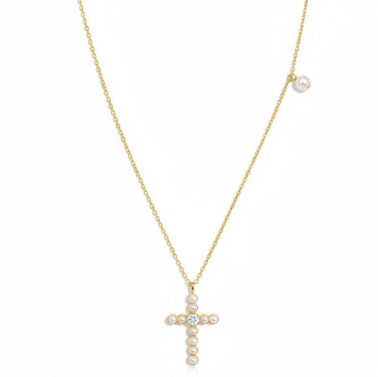 Graceful Radiance Pearl Cross Necklace – Classic 24" Chain