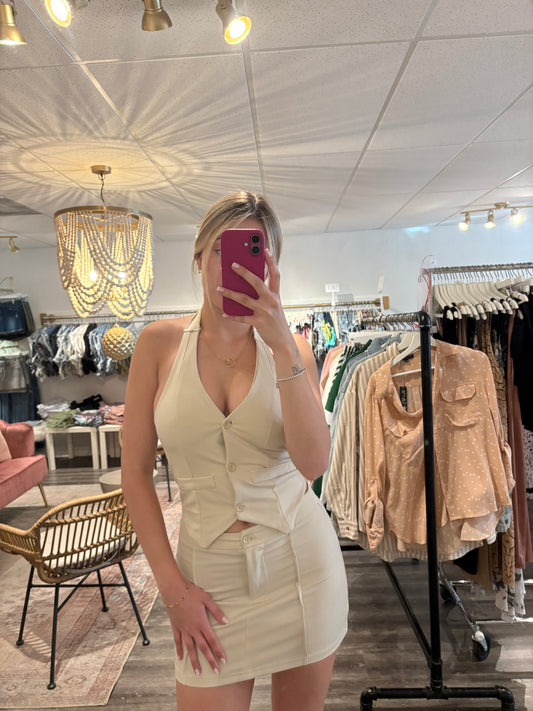 Halter Sleeveless Blazer Vest & Mini Skirt Set