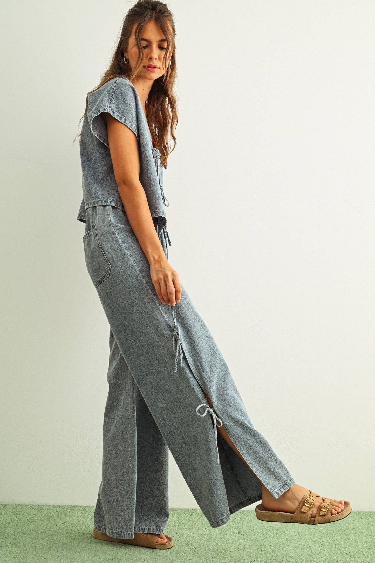 Washed Denim Wide Leg Side Slit Pants