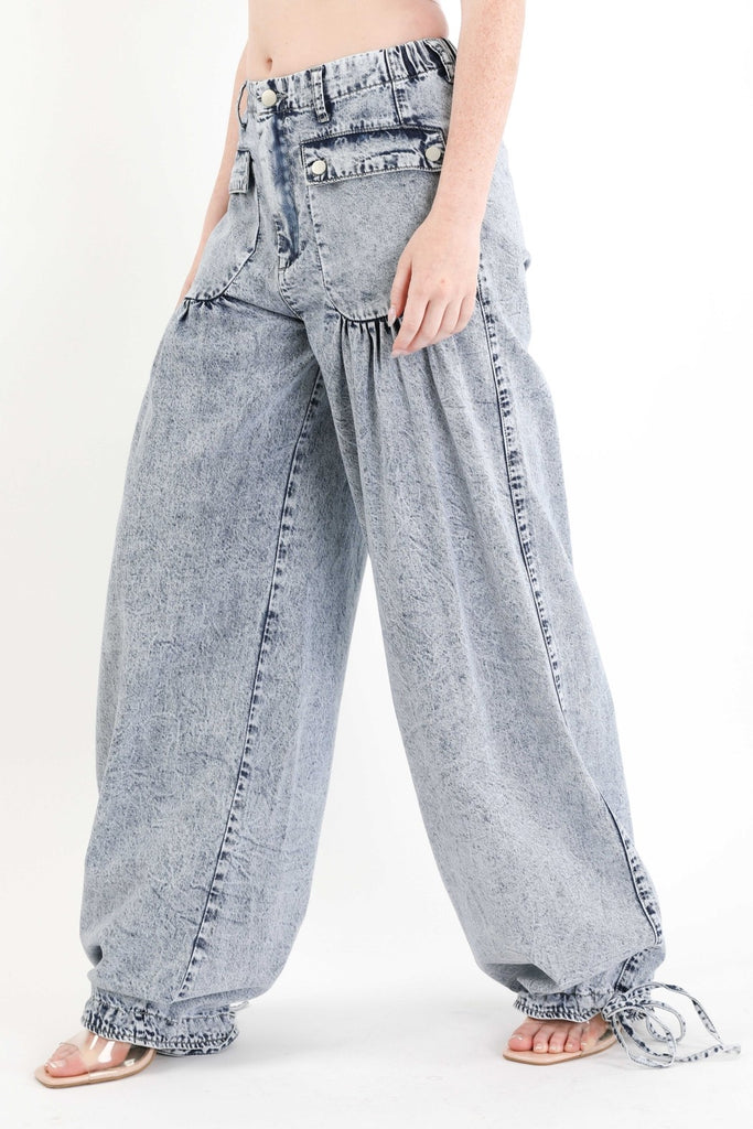 Big Pockets Tie Hem Wide Leg Denim Pants - RV
