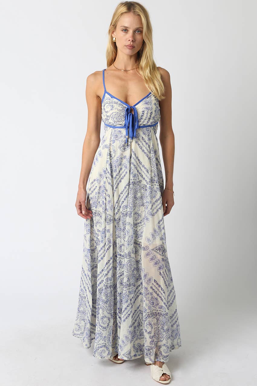 Brynn Blue Trim Printed Maxi Dress