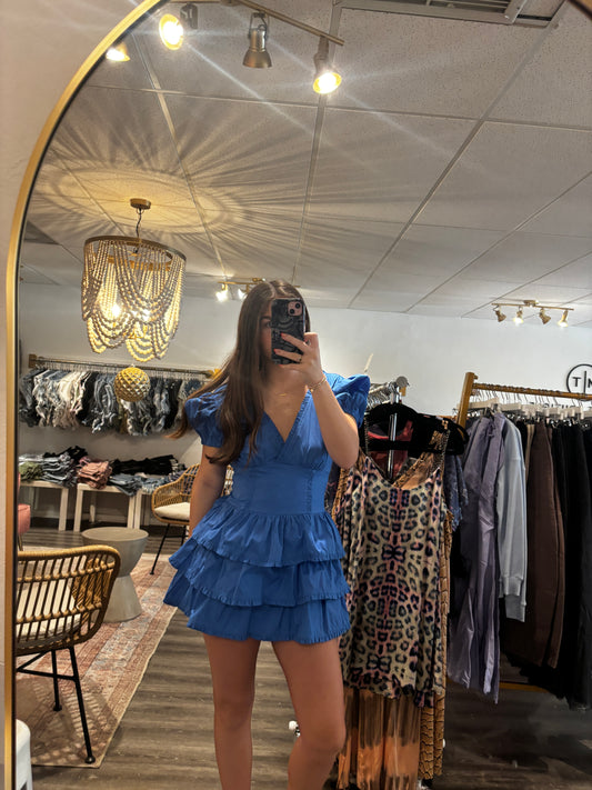Blue Poplin Tiered Mini Romper Dress